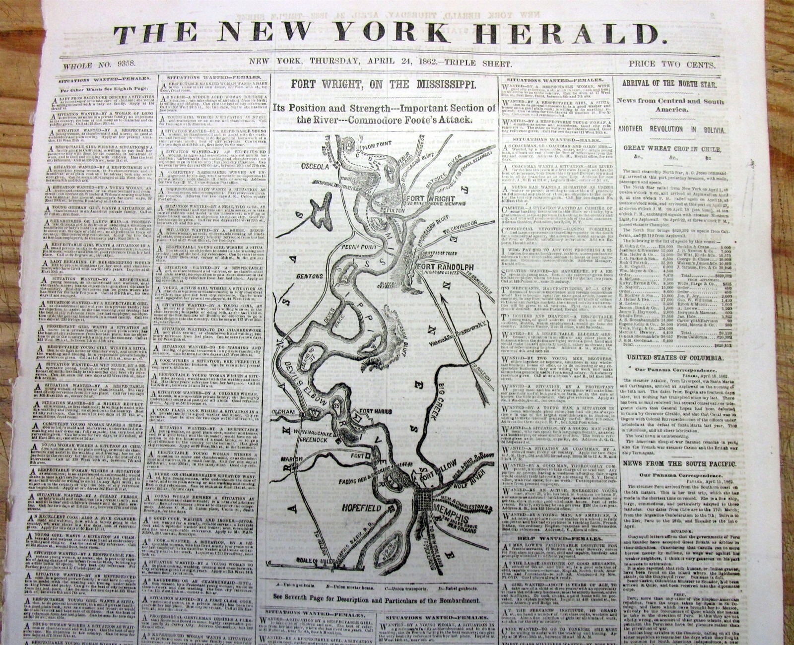 1862 Civil War newspaper w MAP MEMPHIS Tennessee -Ft Wright on MISSISSIPPI RIVER