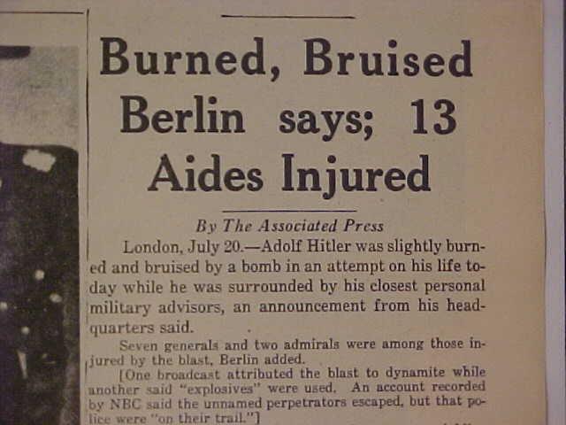 VINTAGE NEWSPAPER HEADLINE WORLD WAR 2 GERMAN NAZI HITLER HURT BOMBED WWII 1944