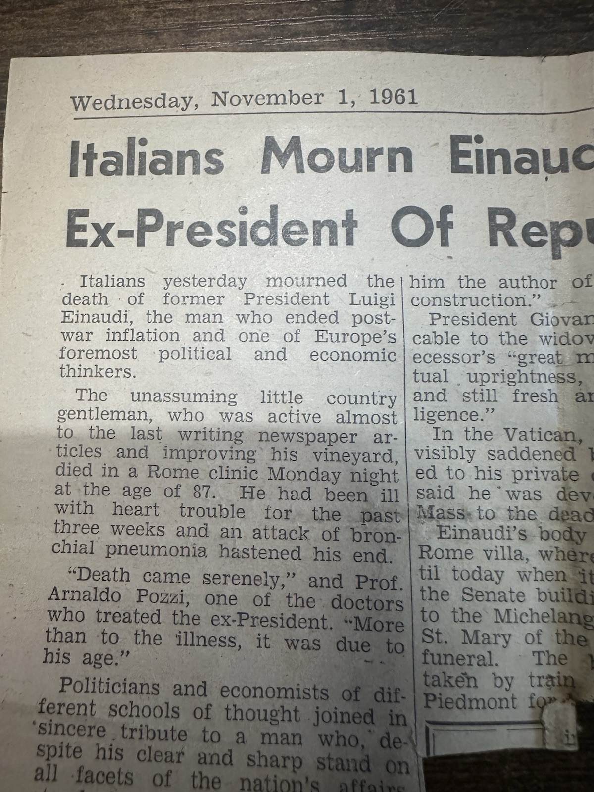 Vintage 1961 Daily American Luigi Einaudi Death Newspaper Clipping Italy