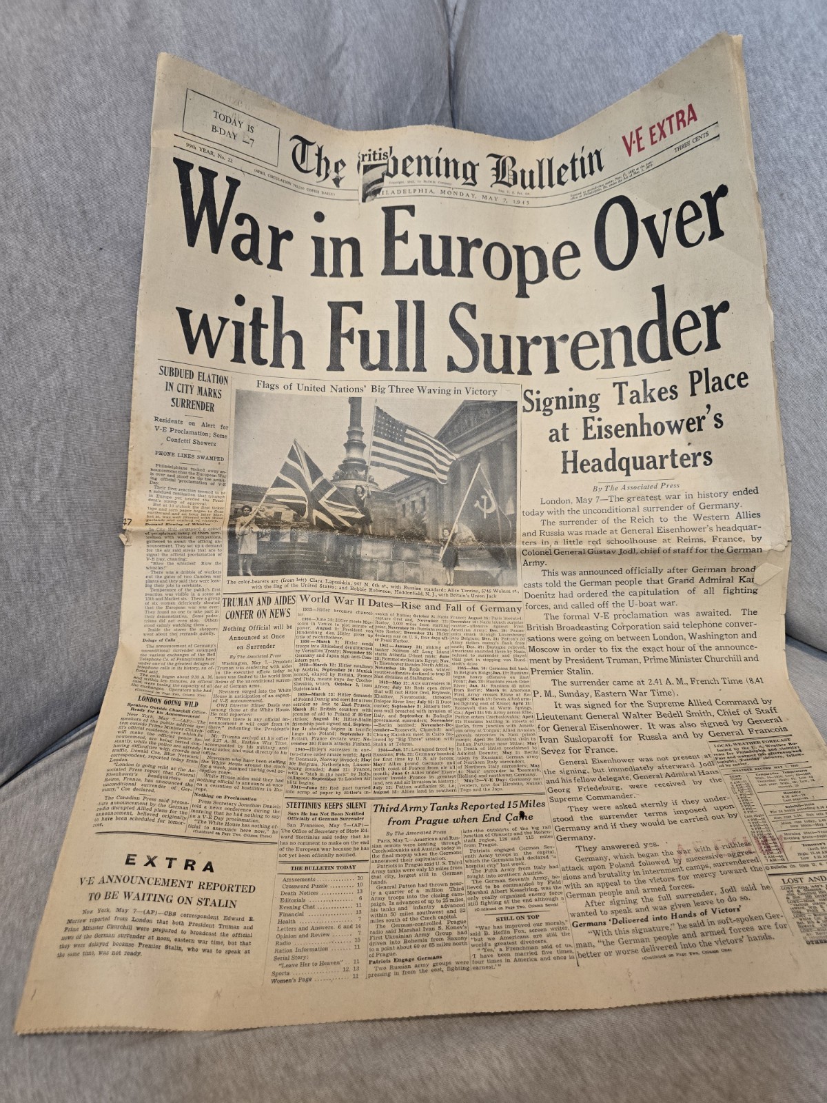 WWII V-E Extra – The Evening Bulletin “War in Europe Over With Full Surrender”