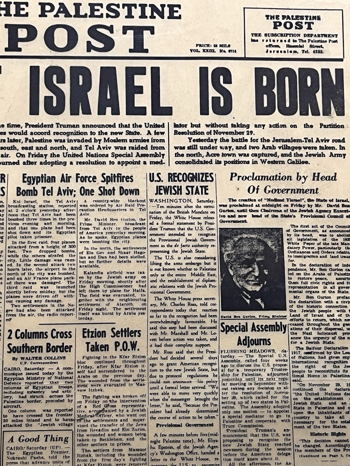 1948 Yom Haatzmaut REPRO PALESTINE POST THE STATE OF ISRAEL BORN POSTER 18″X24″