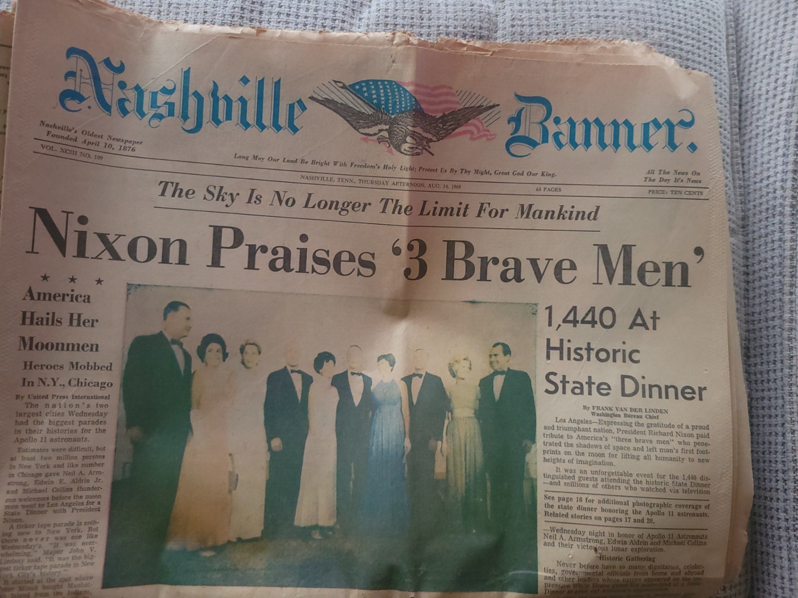 Nashville Banner Aug 14 1969 Nixon Praises 3 Brave Men Apollo 11 Moon Landing