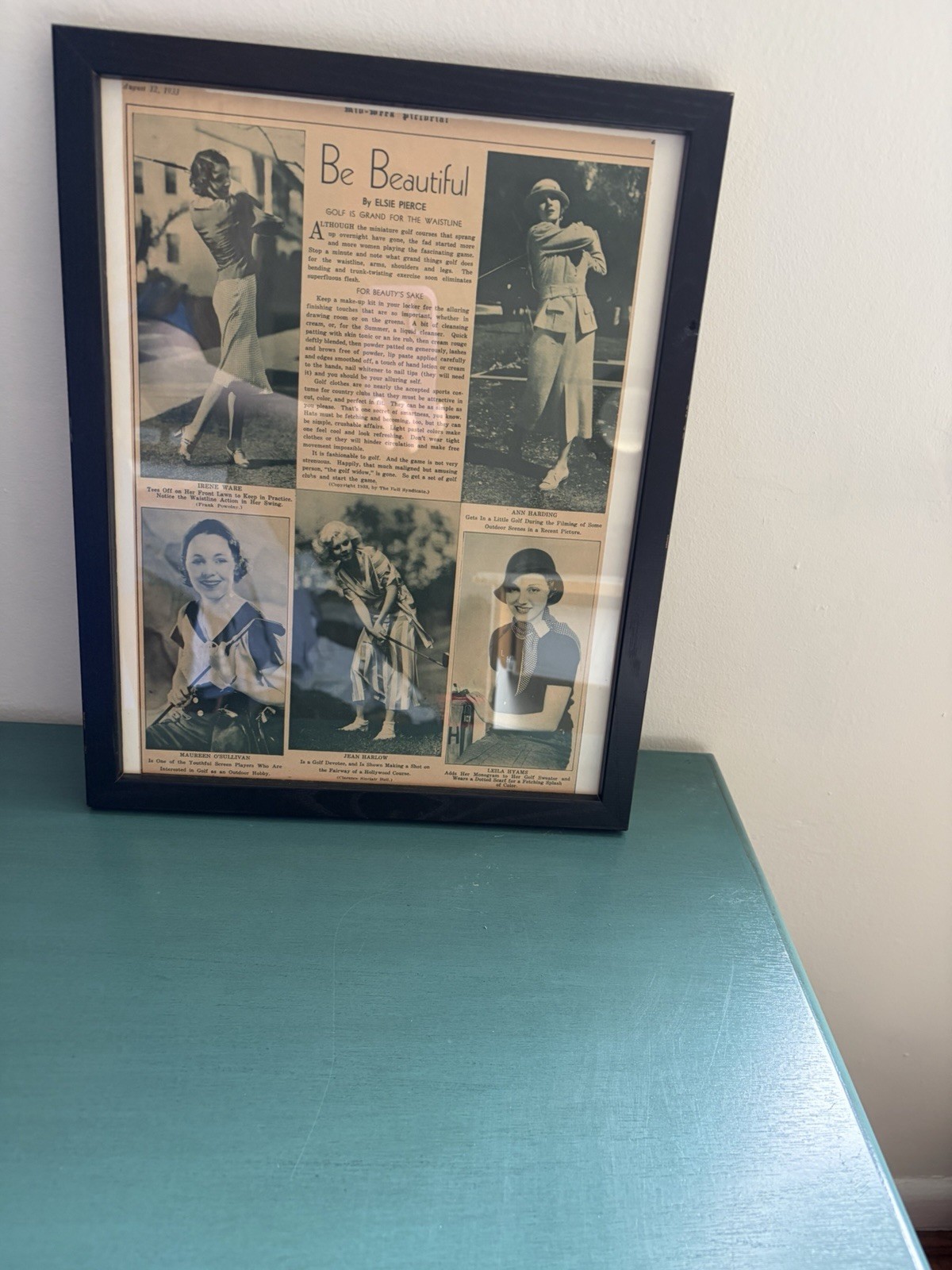 Vintage 1933 Framed Newspaper Clipping Jean Harlow Golf Art Print