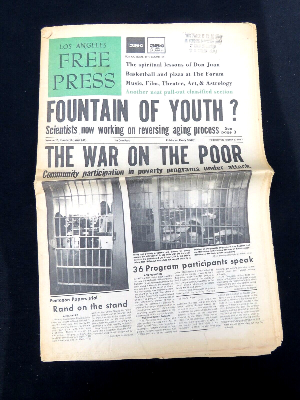 L.A. FREE PRESS UNDERGROUND NEWSPAPER Feb 23, 1973, Concert Ads Counter-Culture