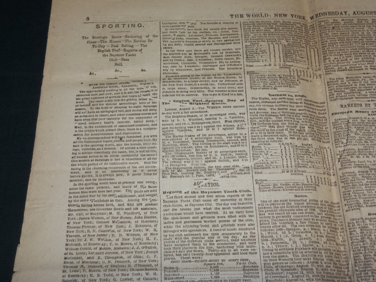 1869 AUGUST 4 THE NEW YORK WORLD NEWSPAPER – BASEBALL COVERAGE – NP 5233
