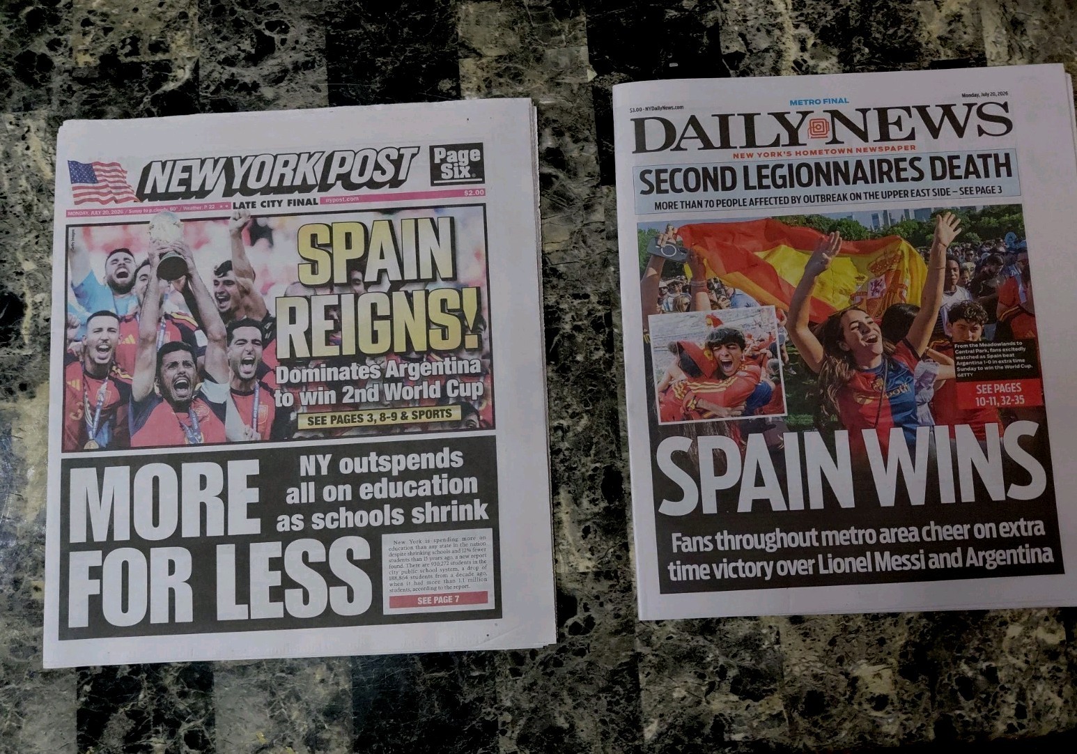 Spain Wins/ 7/20/26 Daily News Y NEW York Post -2 Newspapers Spain Wins