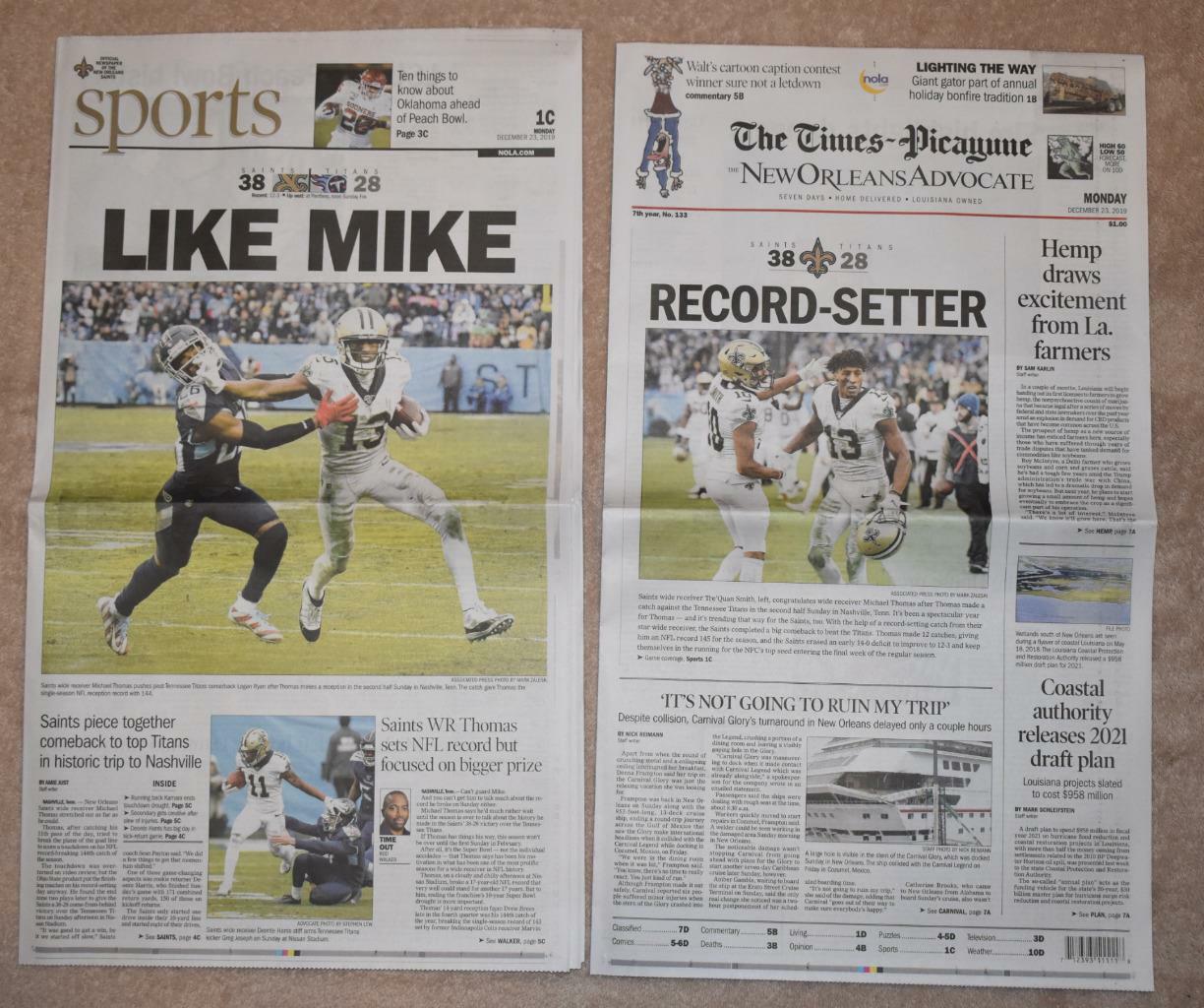 New Orleans Saints MICHAEL THOMAS Record Setter New Orleans Newspaper 12/23/19