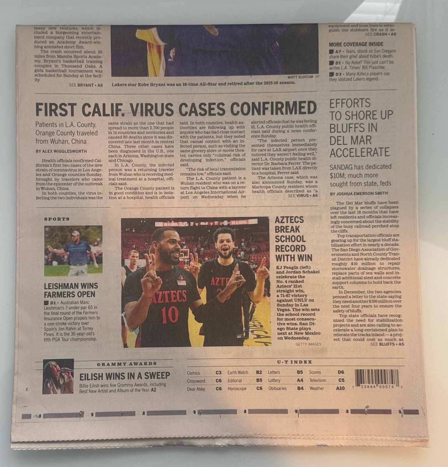 San Diego Union-Tribune Jan 27 2020 Kobe Bryant Killed Crash First COVID Cases C