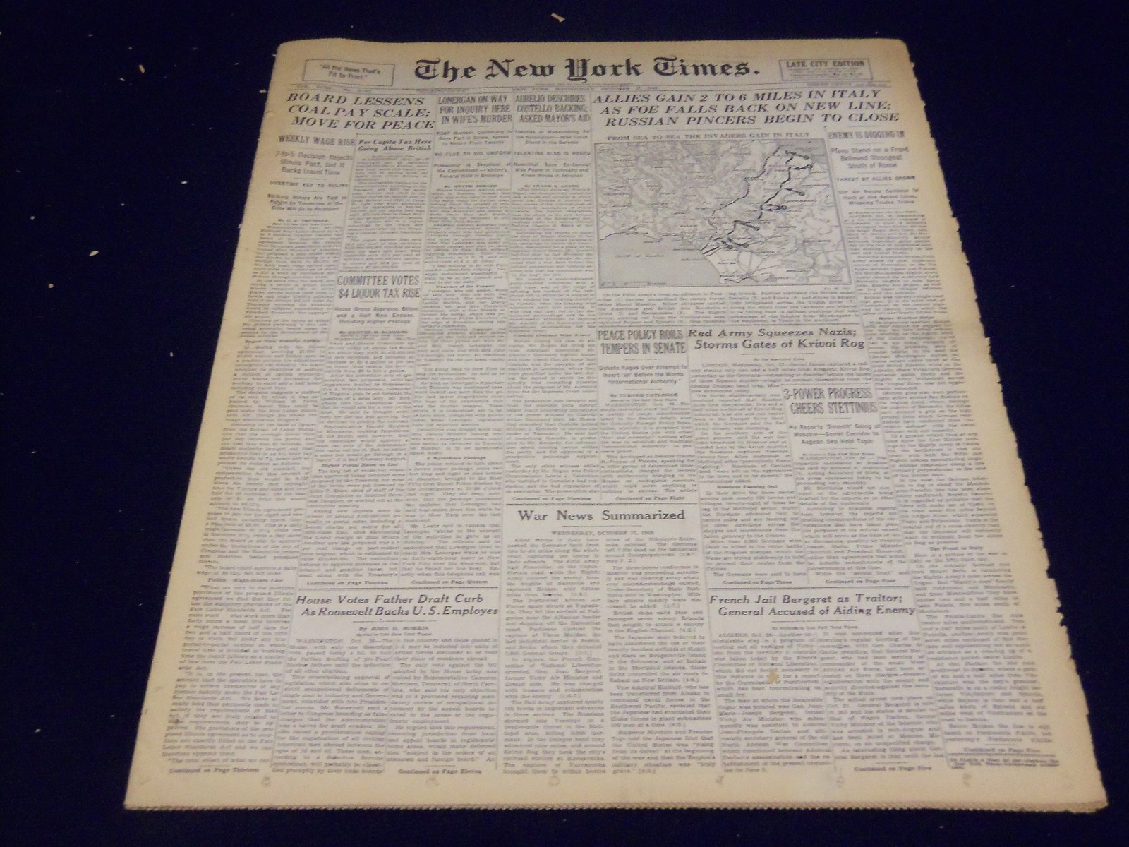 1943 OCTOBER 27 NEW YORK TIMES – ALLIES GAIN 2 TO 6 MILES IN ITALY – NT 1910