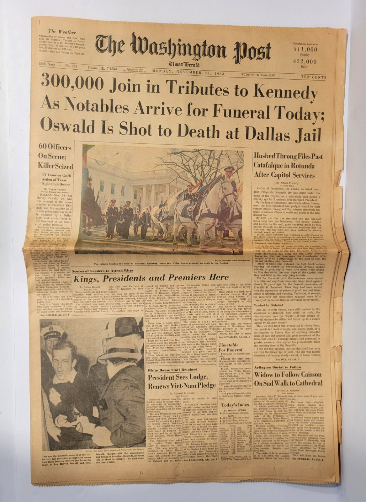 Washington Post 300k Join in Tributes to Kennedy Nov 25, 1963 Newspaper Oswald