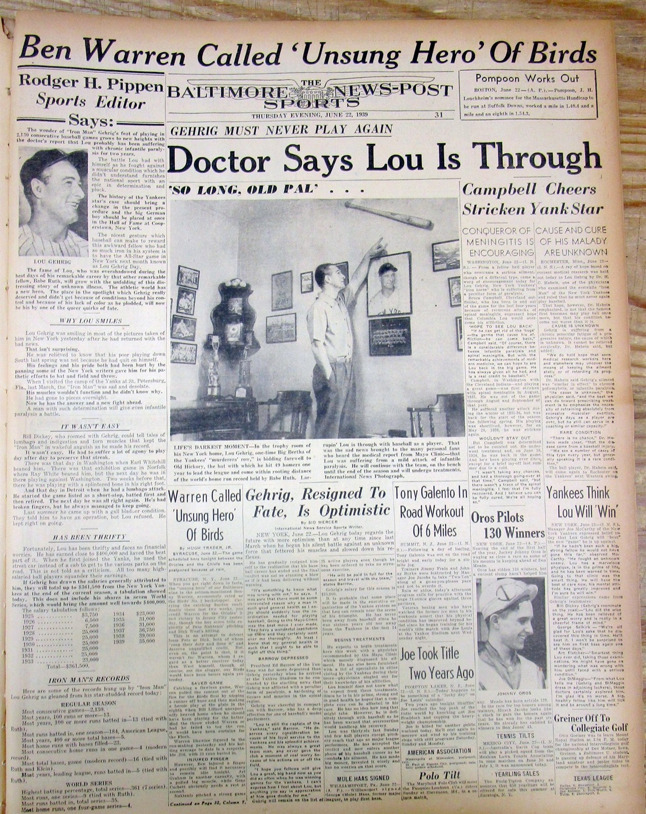 1939 display newspaper LOU GEHRIG DIAGNOSED WITH FATAL DISEASE & QUITS BASEBALL