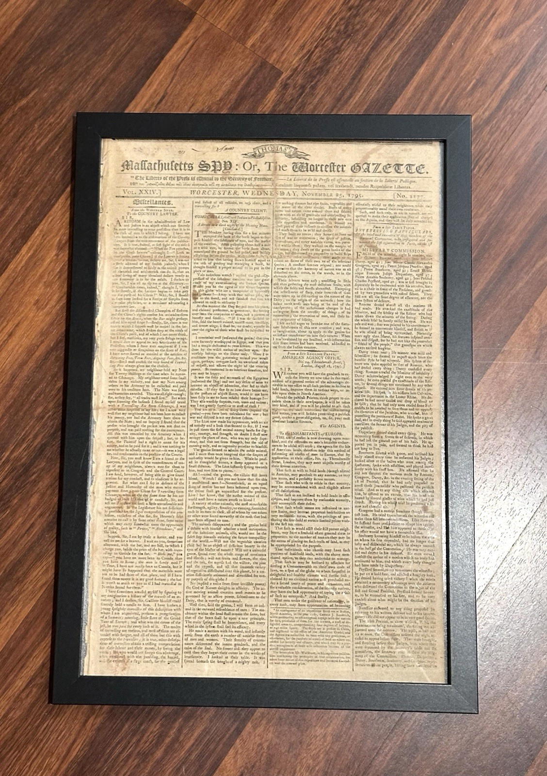 Thomas’s Massachusetts Spy, or Worcester Gazette Nov 25th 1795 Antique Newspaper