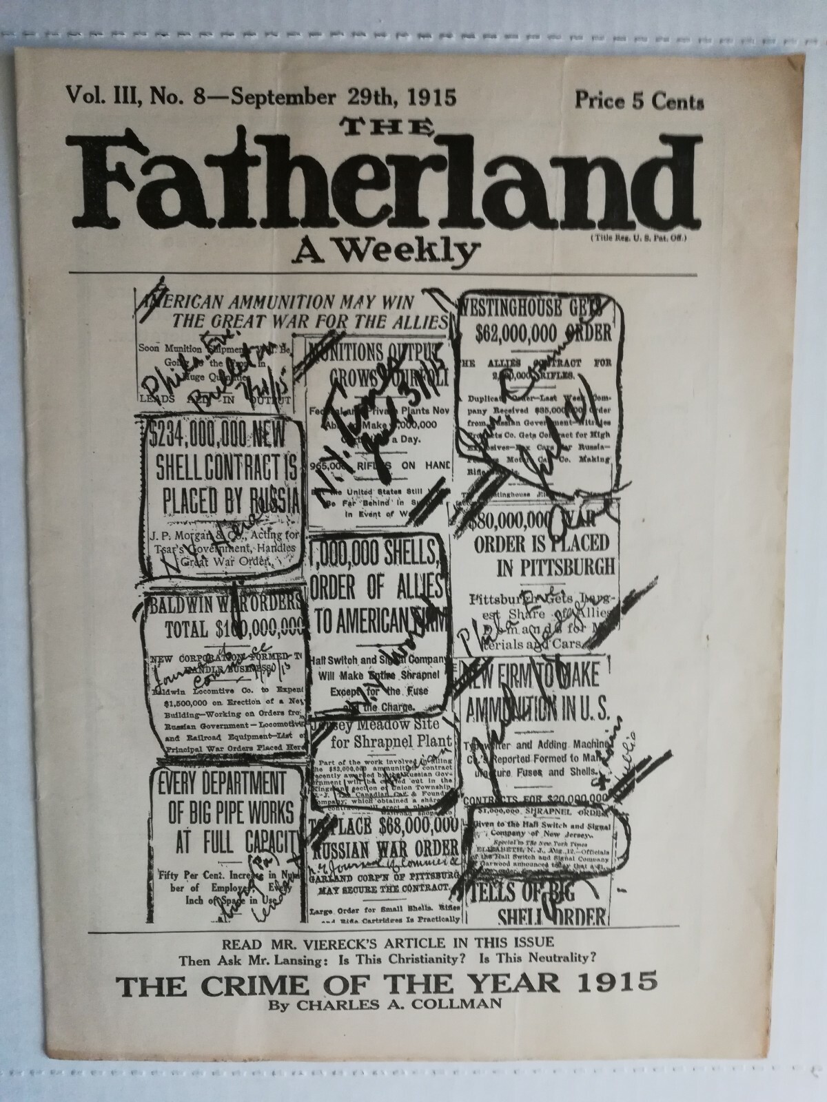 The Fatherland A Weekly Vol. III No. 8 1915 Pro German WWI propaganda Viereck