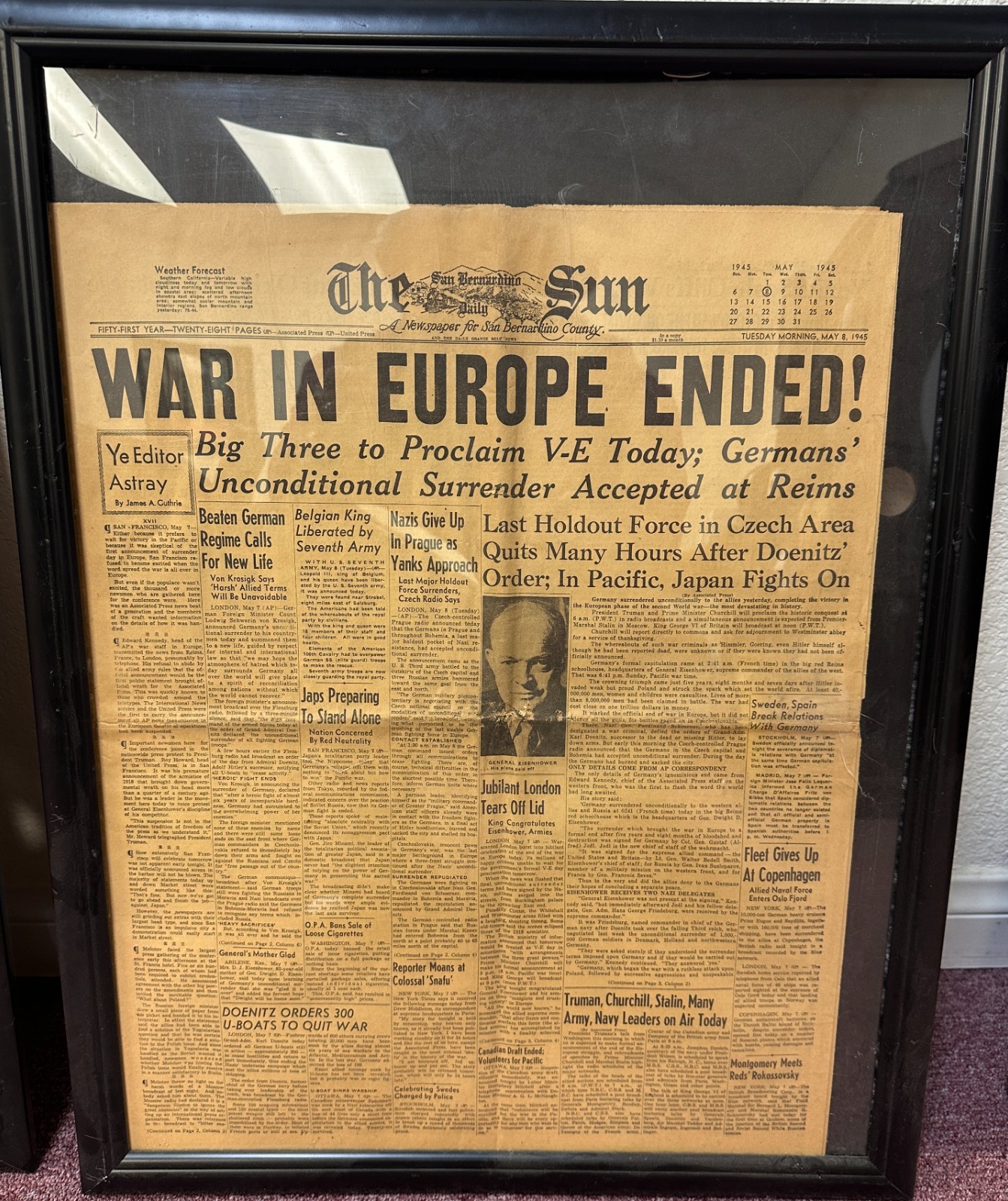 Vintage Sun Newspaper – May 8, 1945, -War in Europe Ended!-Framed