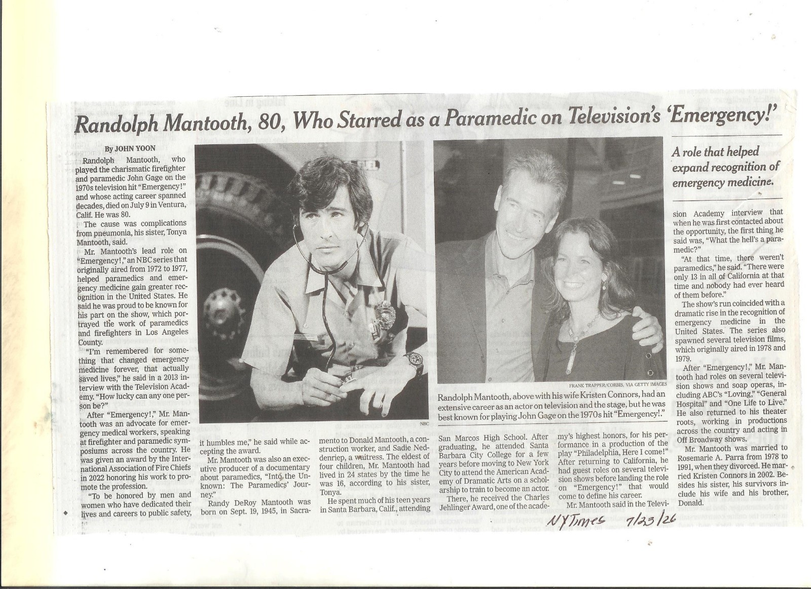 Randolph Mantooth Obituary – NY Times – Paramedic in Emergency/July 23, 2026
