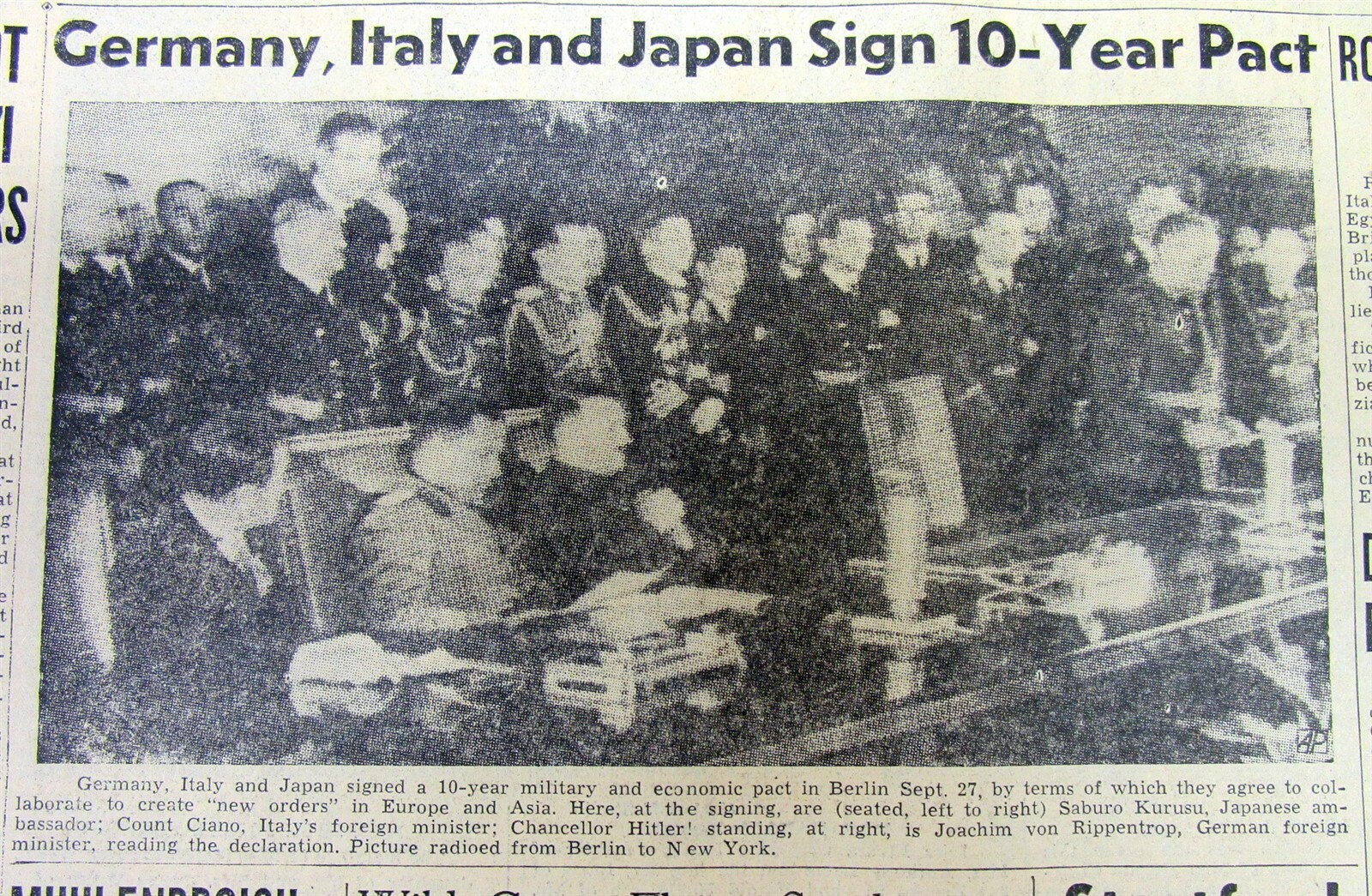 2 1940 WW II newspapers TRIPARTITE PACT joins GERMANY, ITALY, JAPAN intoTHE AXIS