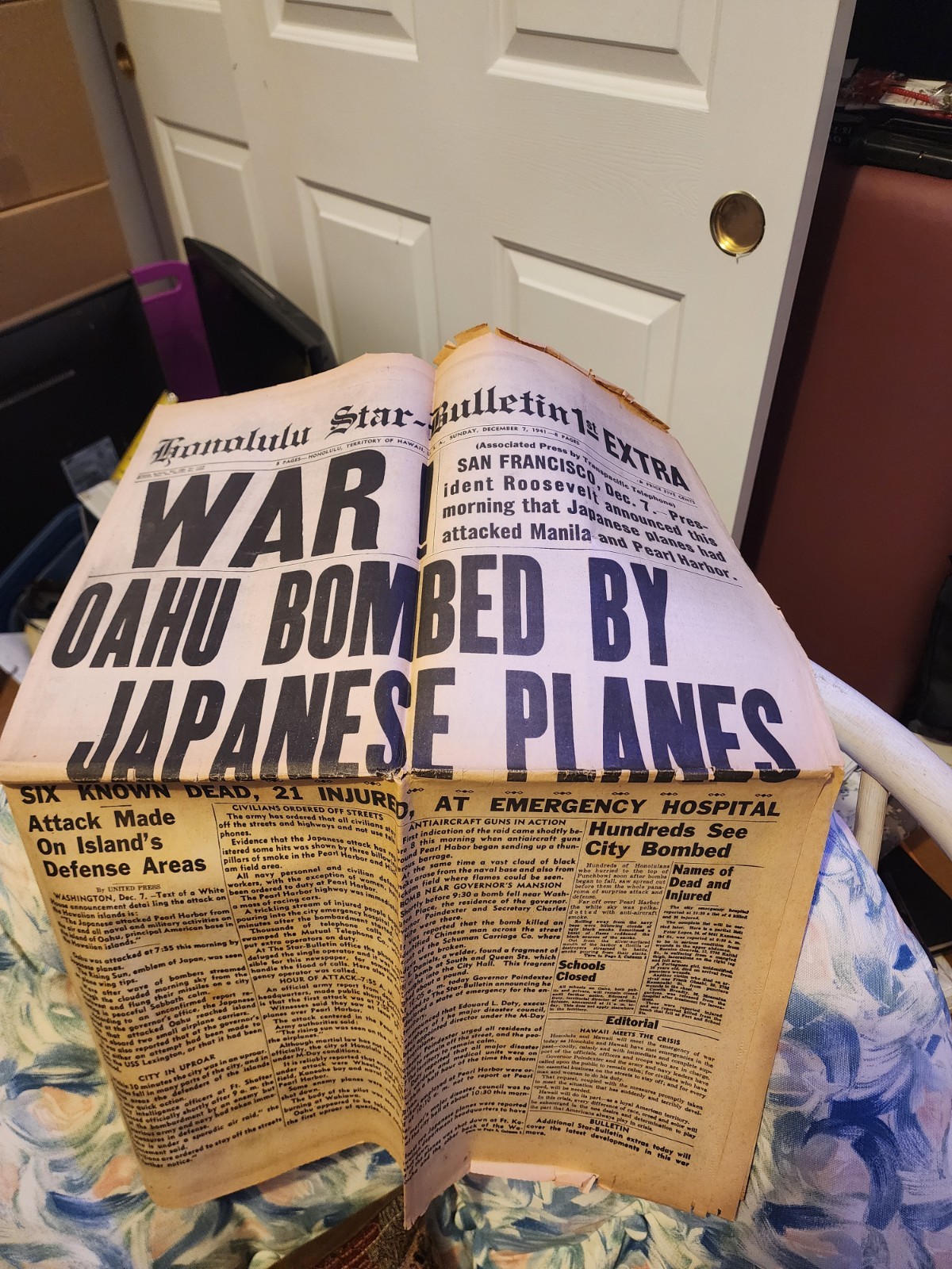 Honolulu Star-Bulletin 1st Extra Newspaper Dec 7 1941 “War Oahu Bombed”
