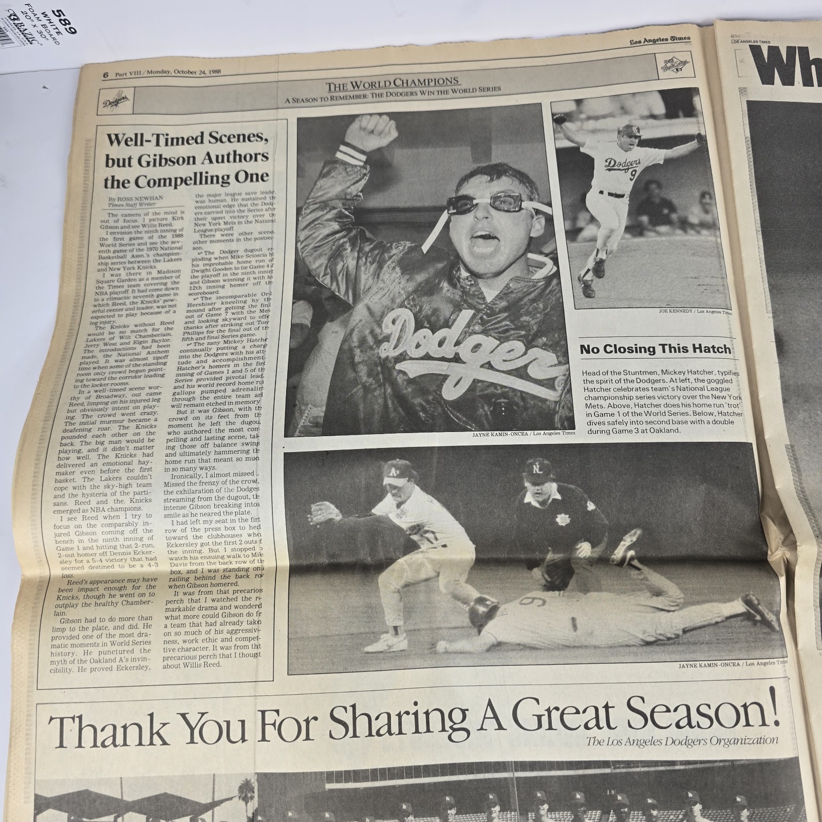 1988 Los Angeles Dodgers World Series Champions Newspaper