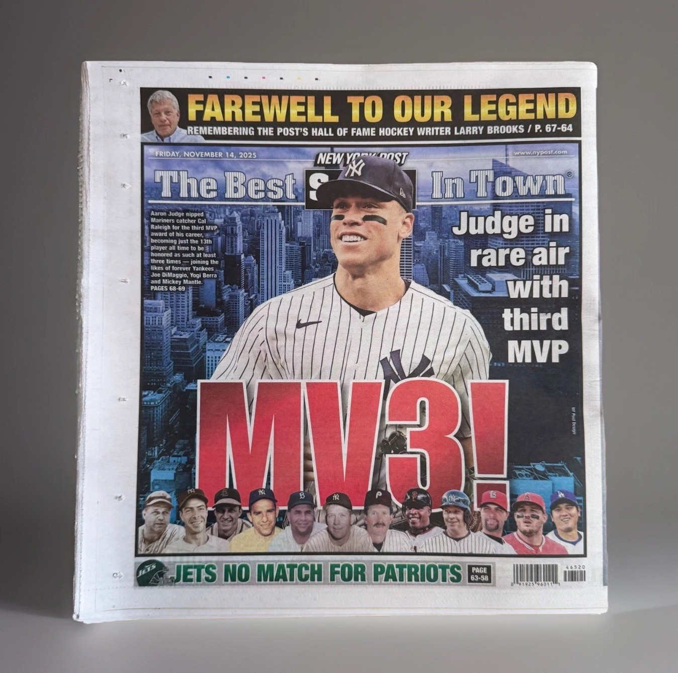 11/14/2025 NEW YORK POST MV3 AARON JUDGE MVP YANKEES NEWSPAPER NY COVER BASEBALL