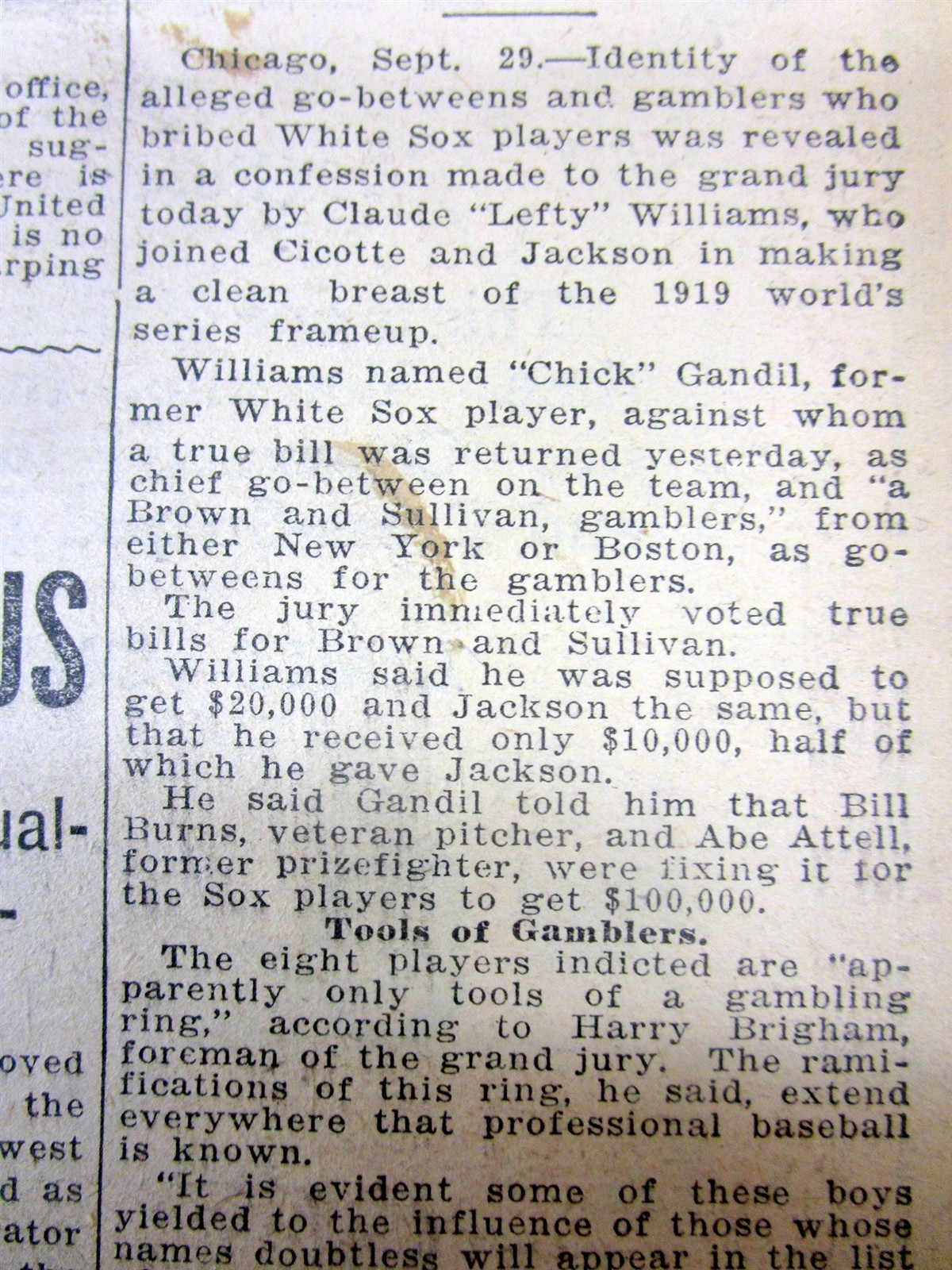 1920 hdln newspaper BLACK SOX BASEBALL WORLD SERIES SCANDAL Shoeless Joe Jackson