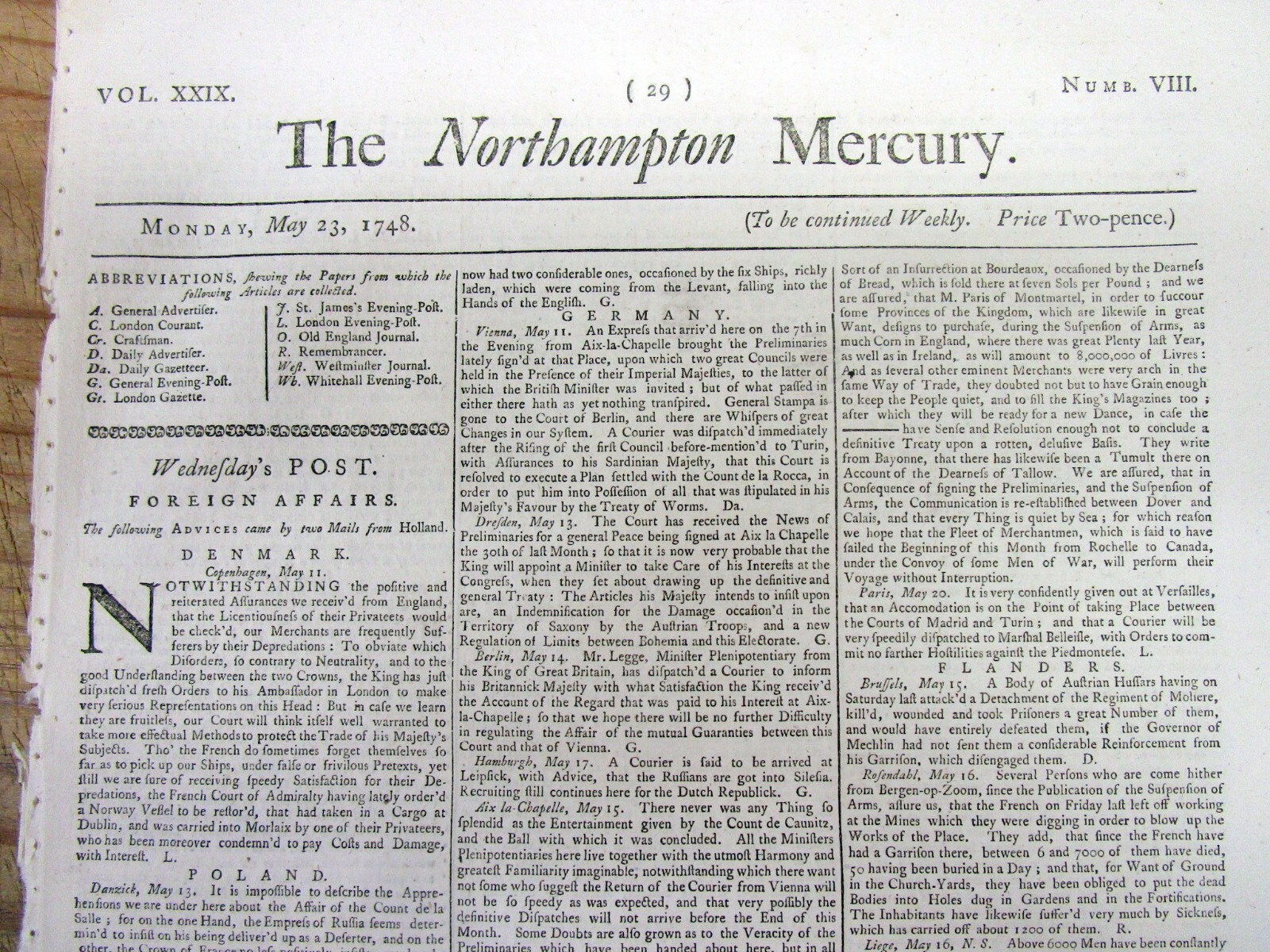 1748 newspaper COLONIAL AMERICAN King Georges WAR ENDS-TREATY of AIX-LA-CHAPELLE