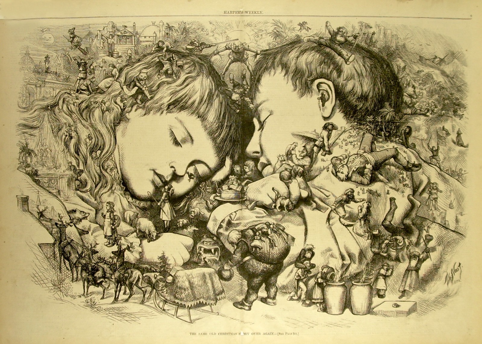 Orig.1873 Christmas Woodblock Print~Harpers Weekly Victorian-THOMAS NAST«FINE