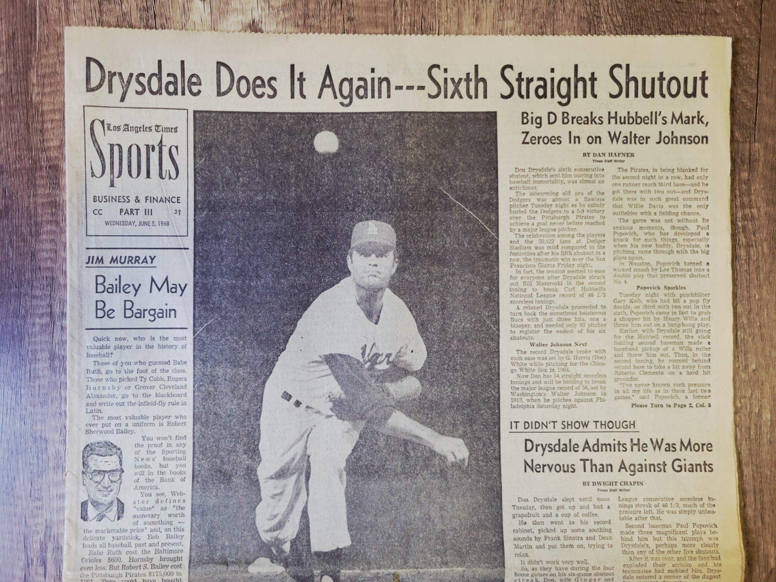 1968 June 5: LA Times Sports Dodgers’ Don Drysdale 6th Consecutive Shut-Out! MLB