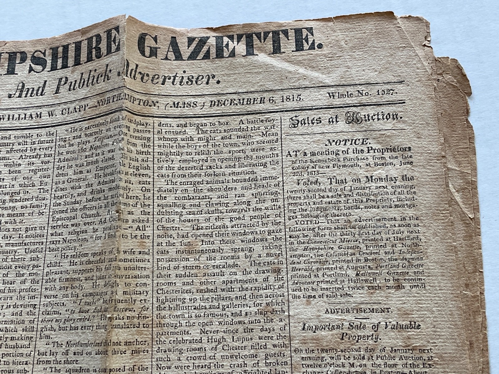 NAPOLEON AT ST HELENA ISLAND NEWSPAPER COMPLETE NORTH HAMPTON MASS 1815 PUBLICL