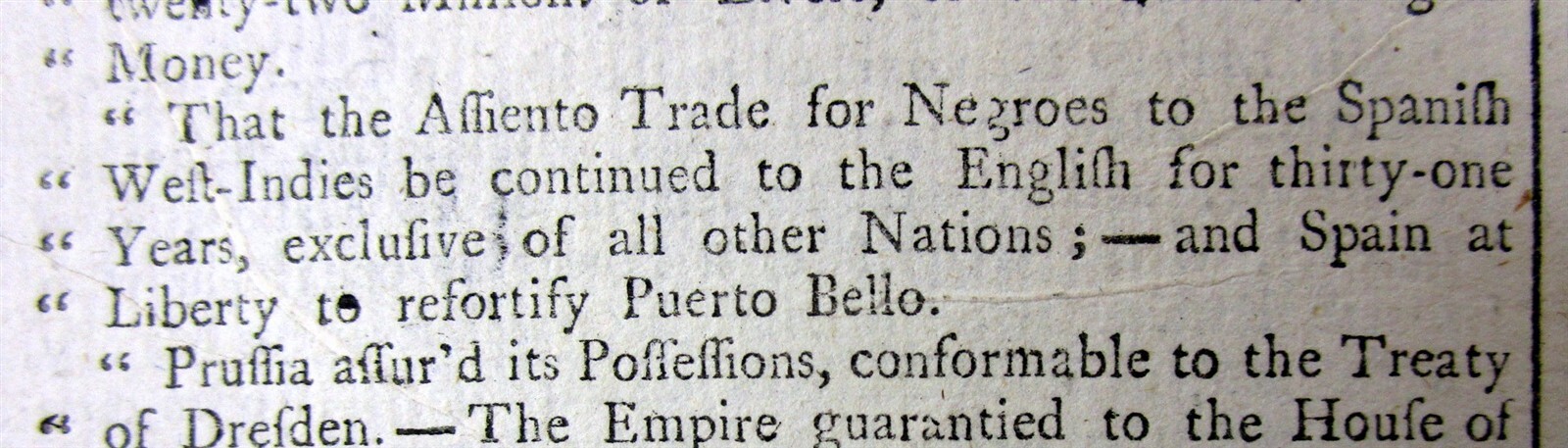 1746 newspaper w PEACE TERMS to END Early American Colonial War incl SLAVE TRADE