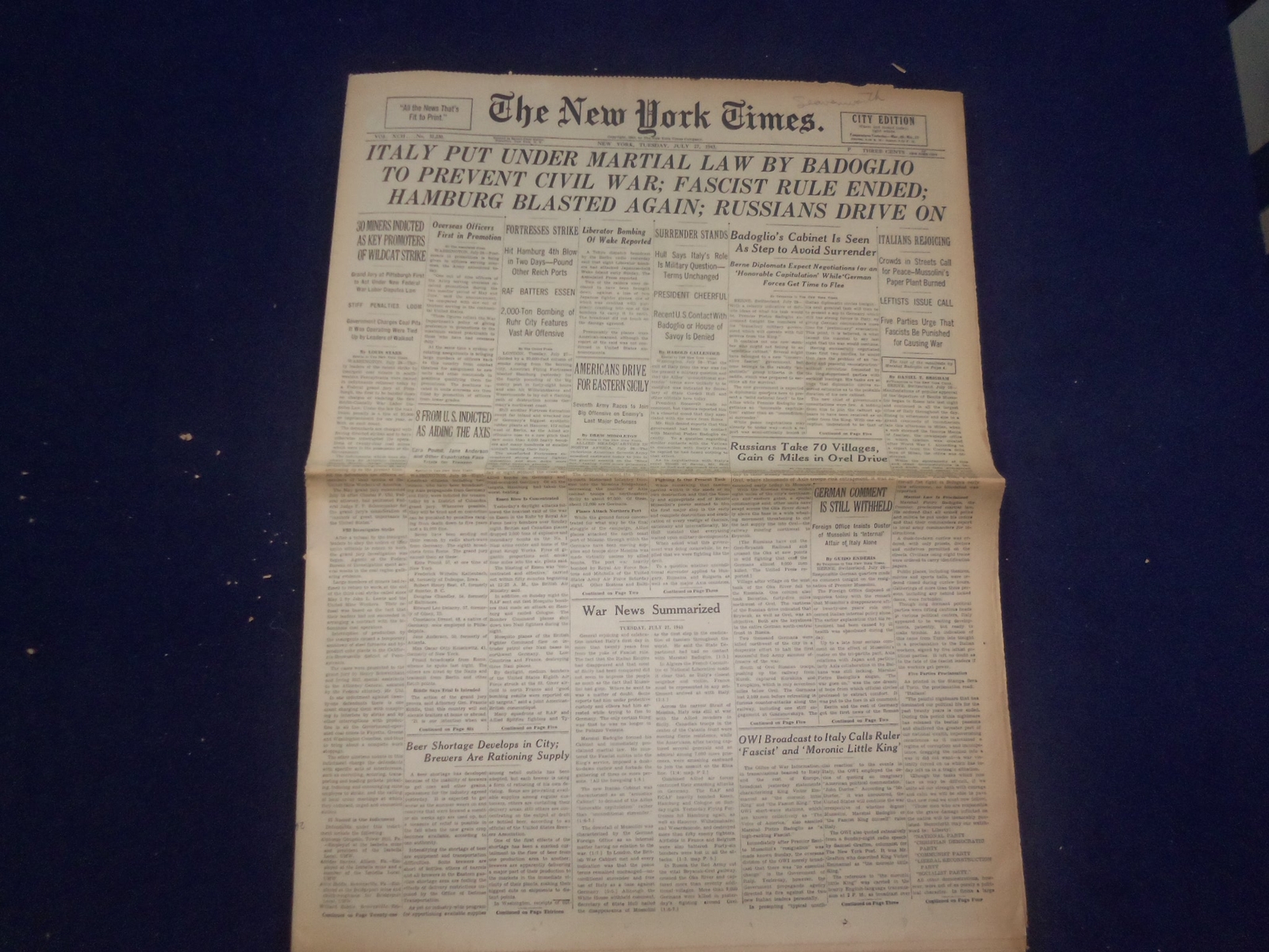 1943 JULY 27 NEW YORK TIMES – ITALY PUT UNDER MARTIAL LAW BY BADOGLIO – NP 6546