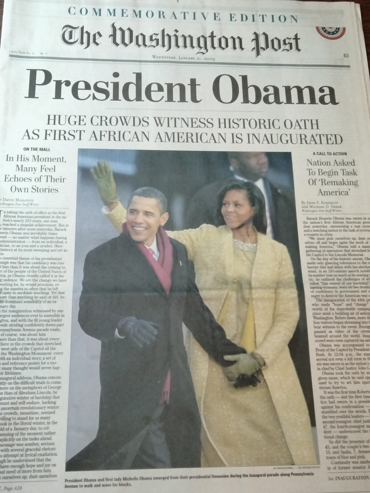 Newspapers- PRESIDENT OBAMA HUGE CROWDS WITNESS OATH, COMMEMORATIVE EDITION