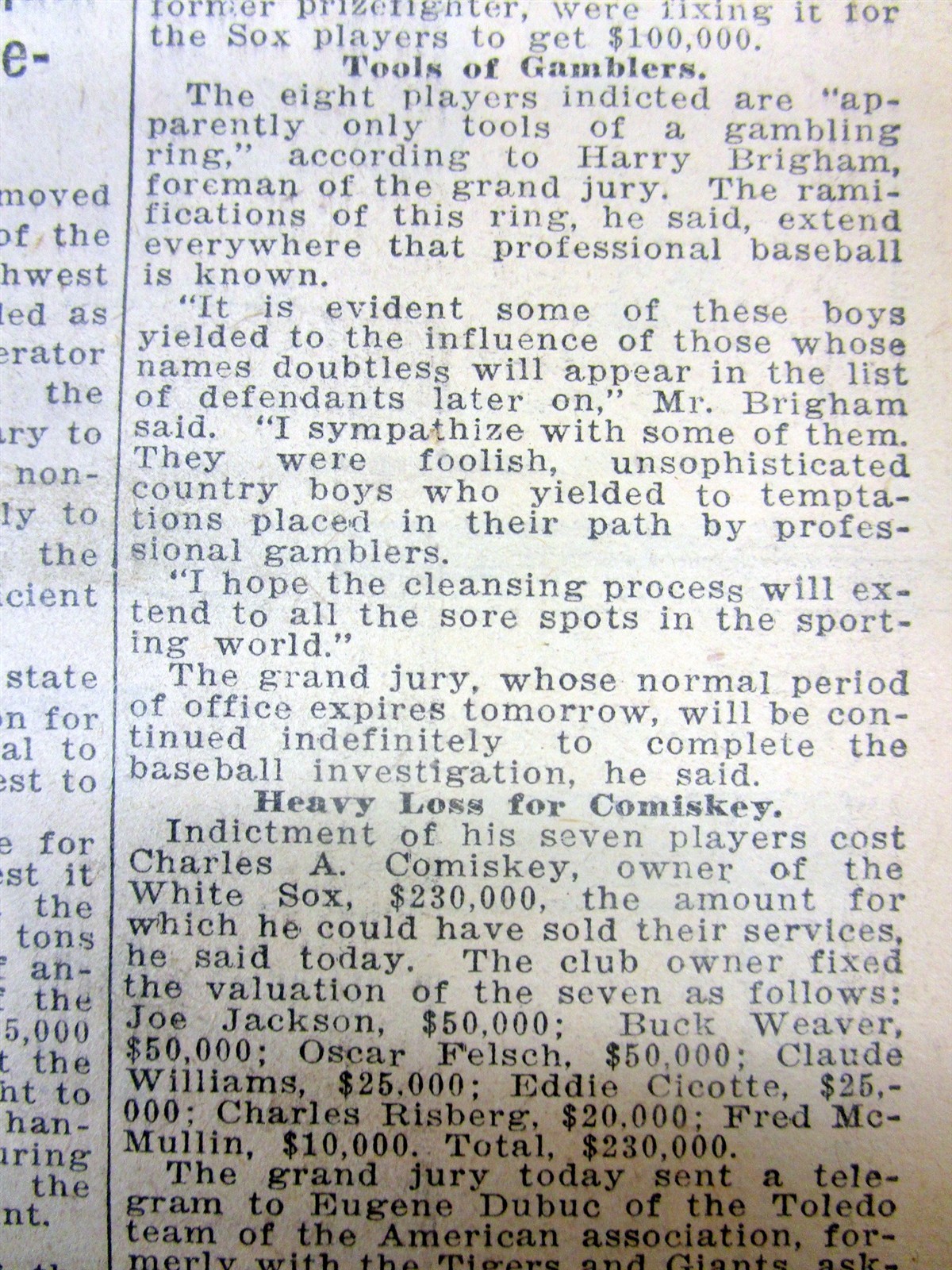 1920 hdln newspaper BLACK SOX BASEBALL WORLD SERIES SCANDAL Shoeless Joe Jackson