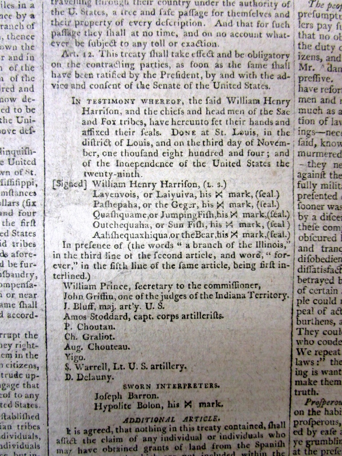 Best 1805 display newspaper NATIVE AMERICAN INDIAN TREATY signd THOMAS JEFFERSON