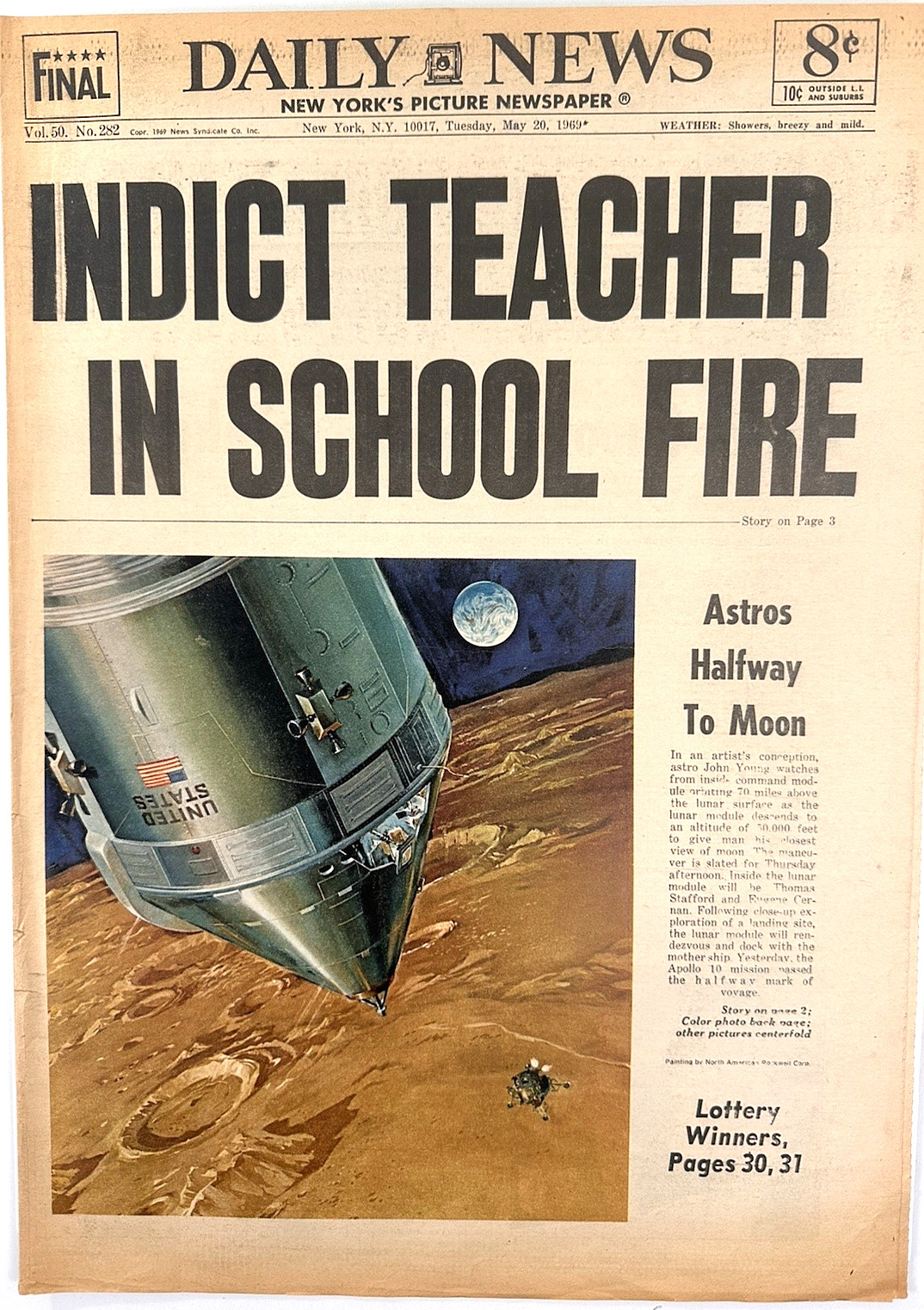 VTG May 20 1969 NY DAILY NEWS HEADLINE Apollo 10 Color Front & Back