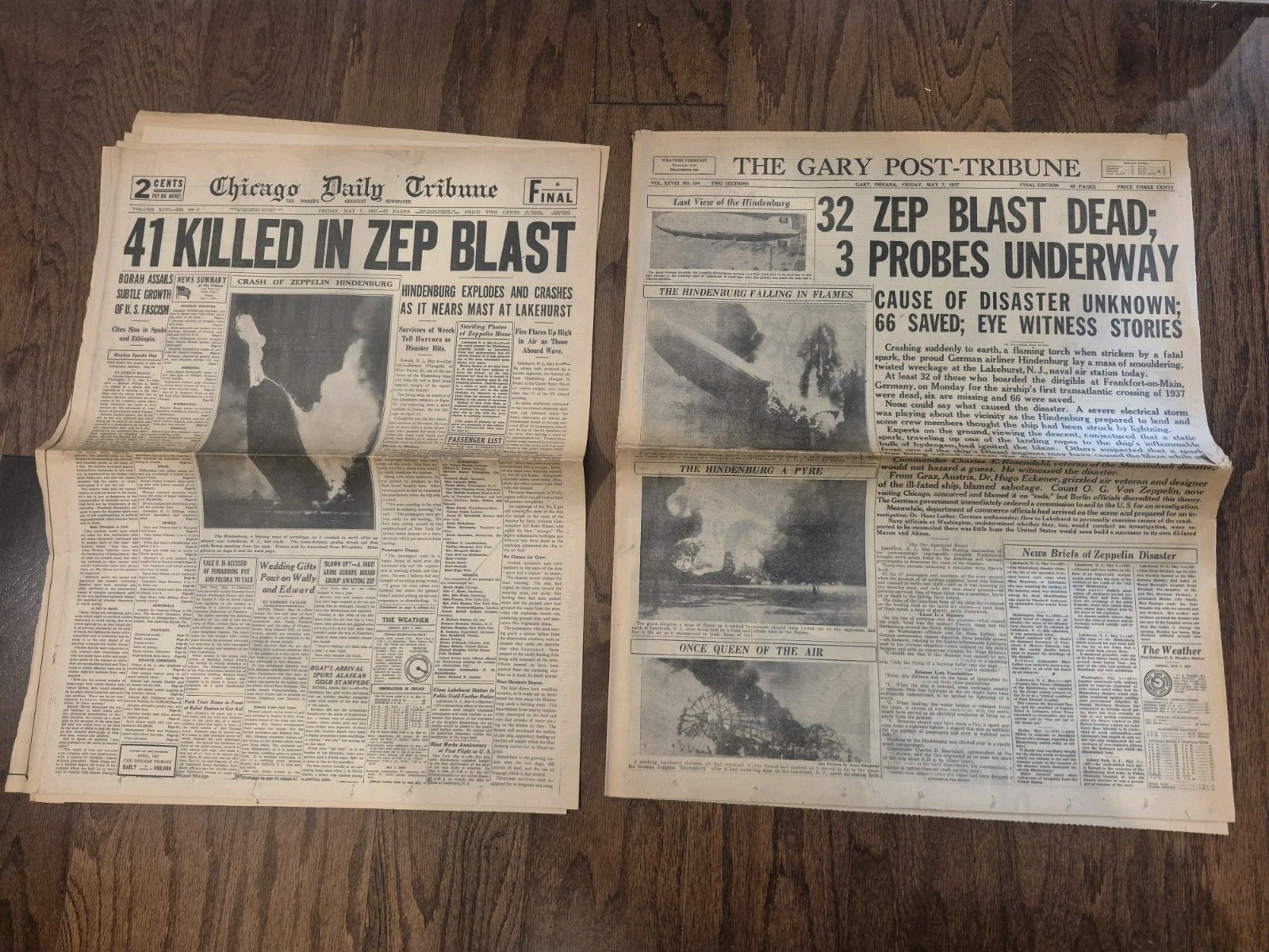 Lot of 2 extra May 7, 1937 Zep Explodes Hindenburg Chicago Daily Gary Post