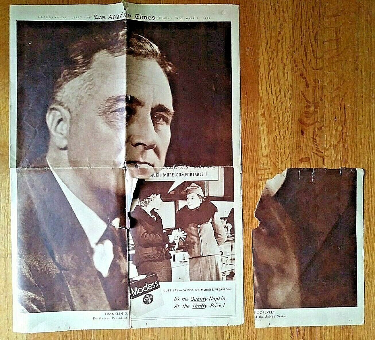 1936 “FRANKLIN D ROOSEVELT RE-ELECTED PRESIDENT” Newspaper