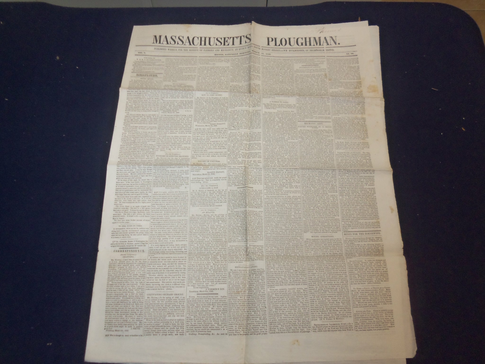 1849 MARCH 17 MASSACHUSETTS PLOUGHMAN NEWSPAPER – ELECTRO MAGNETISM – NP 5163