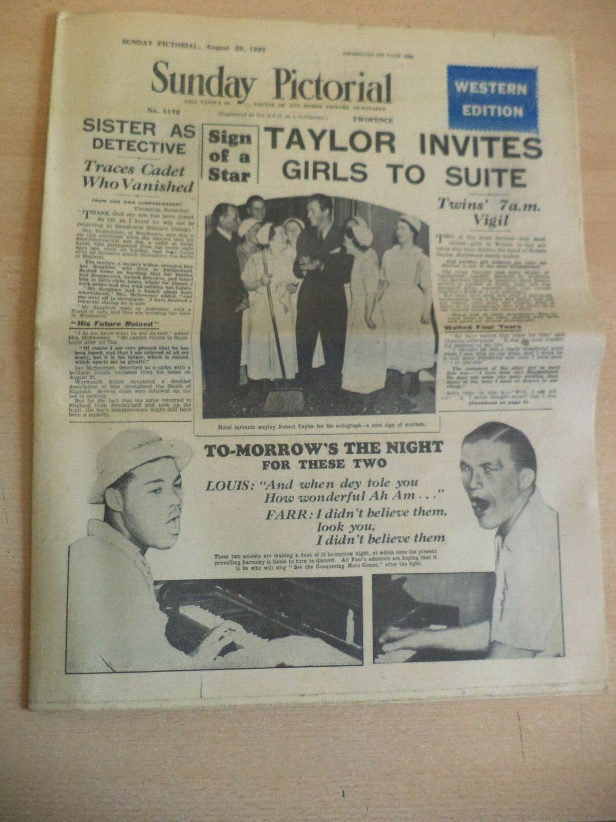 OLD ANTIQUE ORIG 1930s NEWSPAPER 29 AUG 1937 PICTORIAL shanghai JOE LOUIS FARR