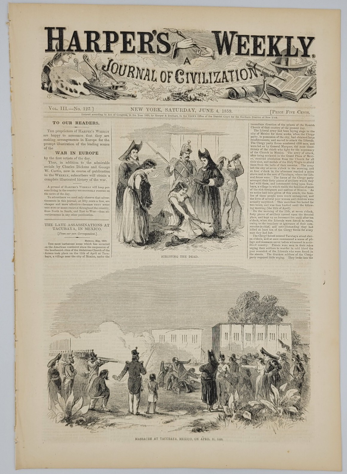 Harper’s Weekly 6/4/1859 TurinPiedmont Italy / Massacre in Mexico