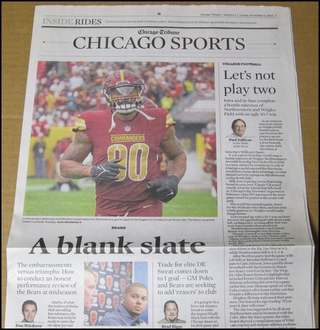 11/5/2023 Chicago Tribune Sports Montez Sweat Traded to Bears Cubs Nico Hoerner