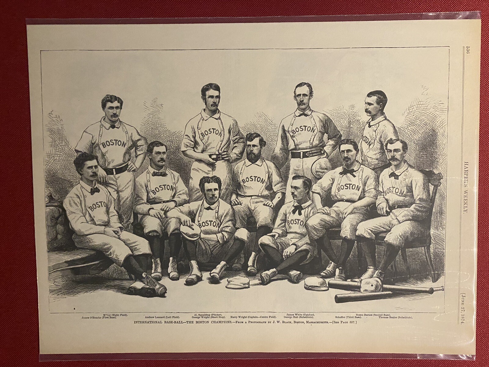VINTAGE NEWSPAPER HEADLINE BOSTON CHAMPIONS BASEBALL TEAM ILLUSTRATION 1874