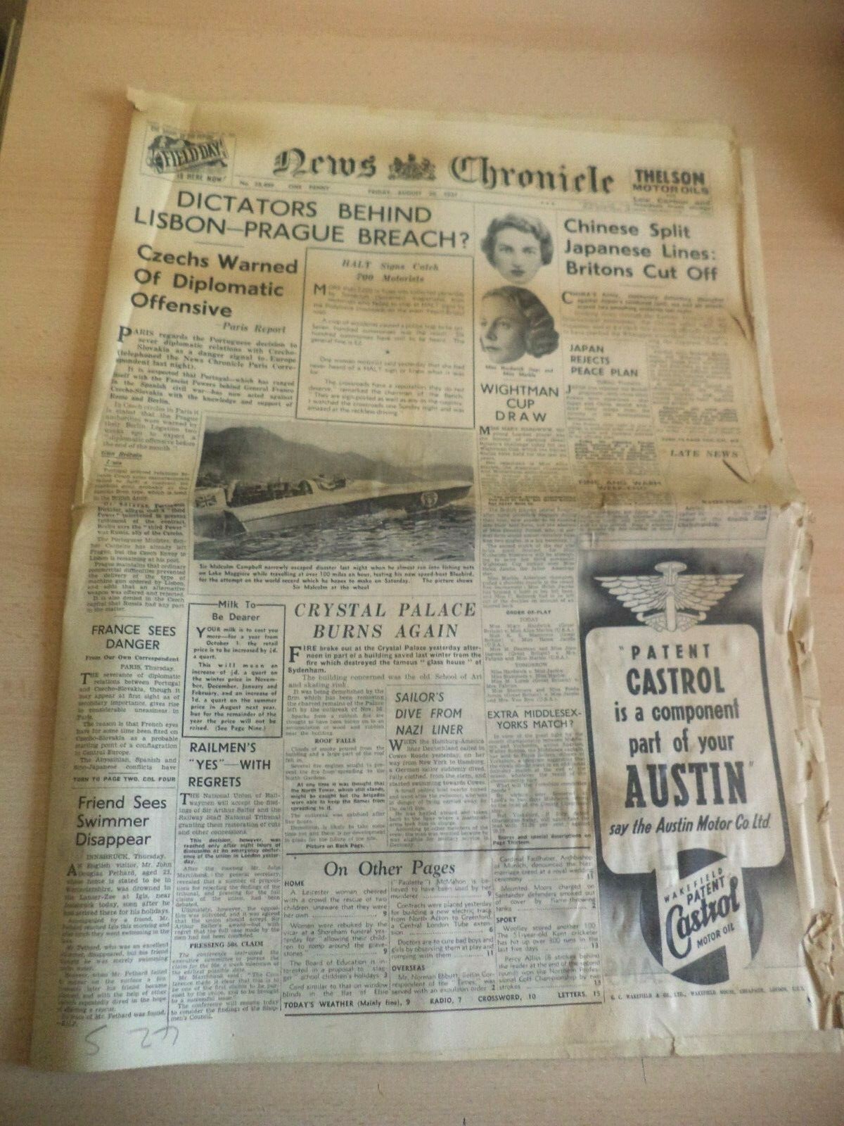 OLD ANTIQUE ORIG 1930s NEWSPAPER news chronicle 20 AUG 1937 spanish civil war