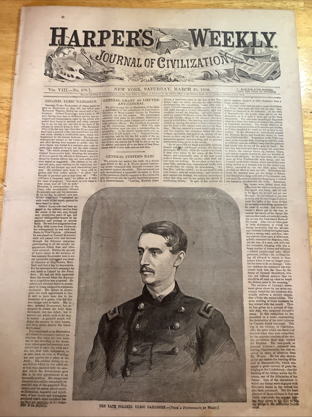 1864 HARPERS WEEKLY CIVIL WAR NEWSPAPER ~ GEORGE CUSTER & ABRAHAM LINCOLN PRINTS