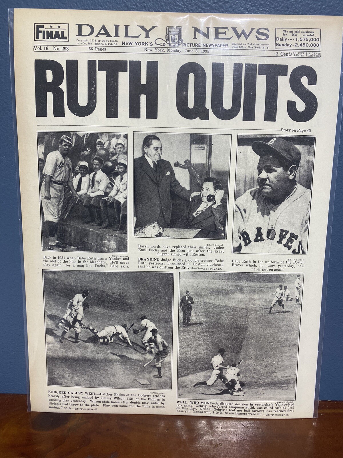 VINTAGE NEWSPAPER HEADLINE BABE RUTH QUITS BOSTON BRAVES 1935 FUCHS DOUBLE CROSS
