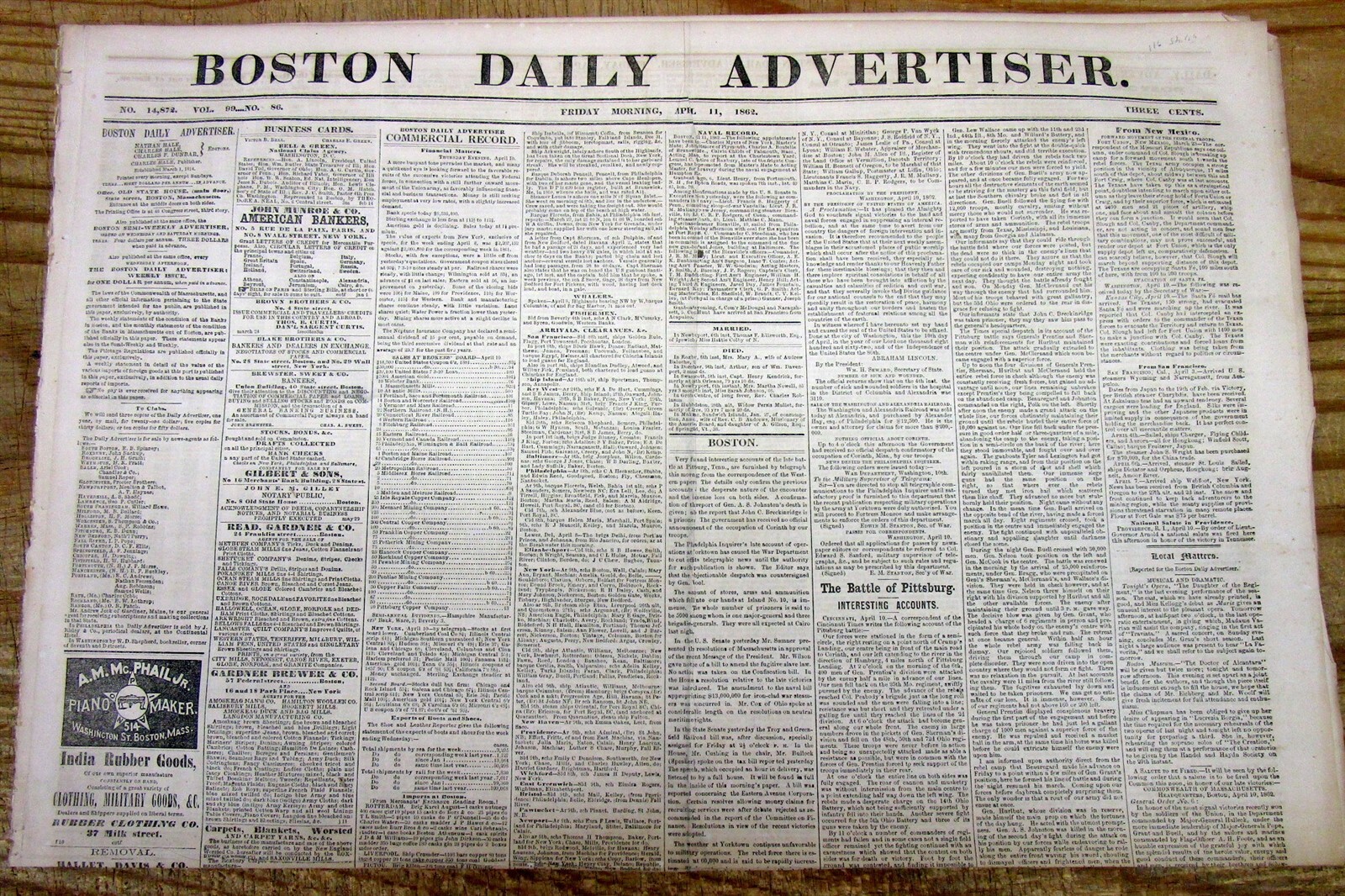 1862 Civil War display newspaper w BATTLE of SHILOH Pittsburg Landing TENNESSEE