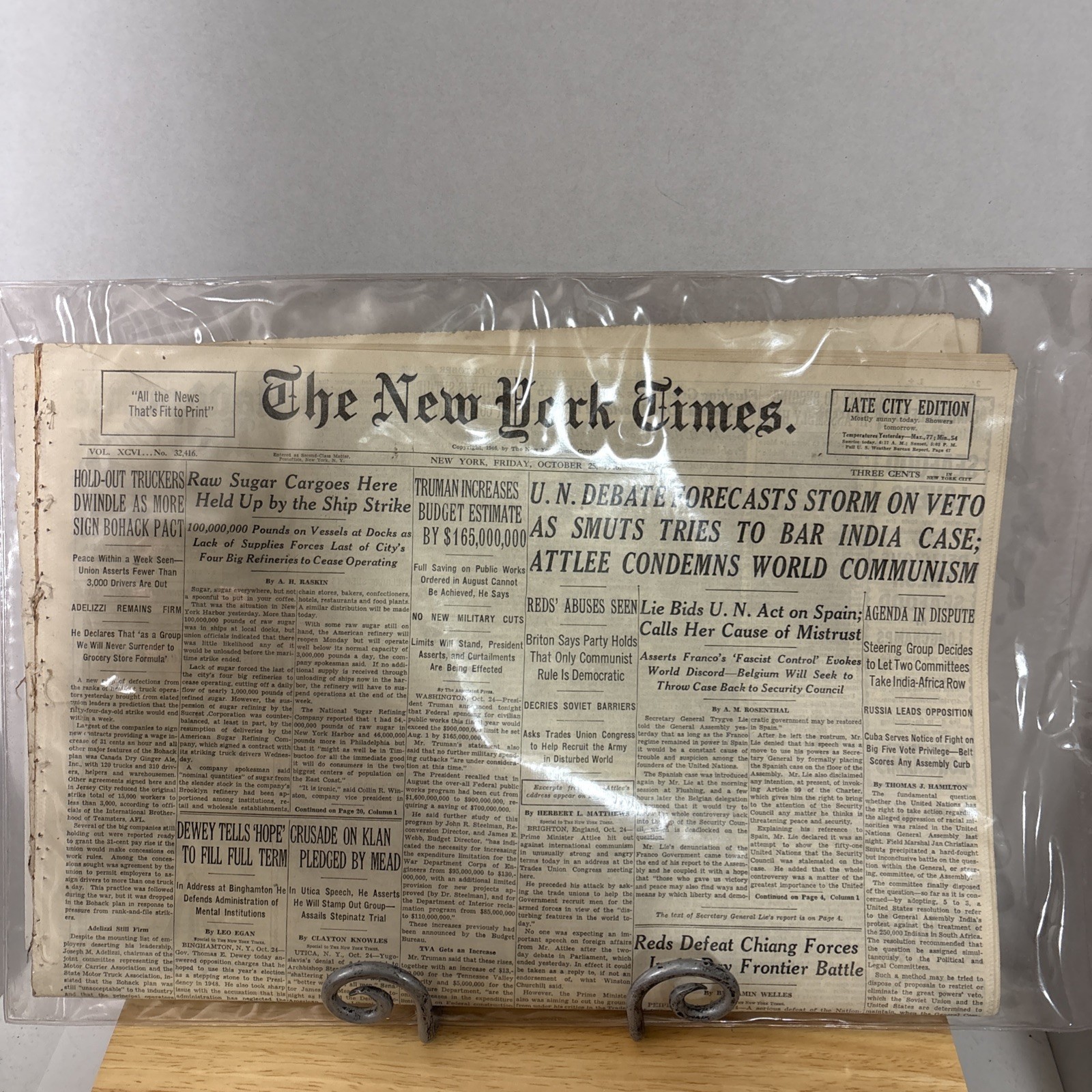 VTG OG The New York Times Newspaper Oct 25 1946 WWII Era History W/ COA Ephemera