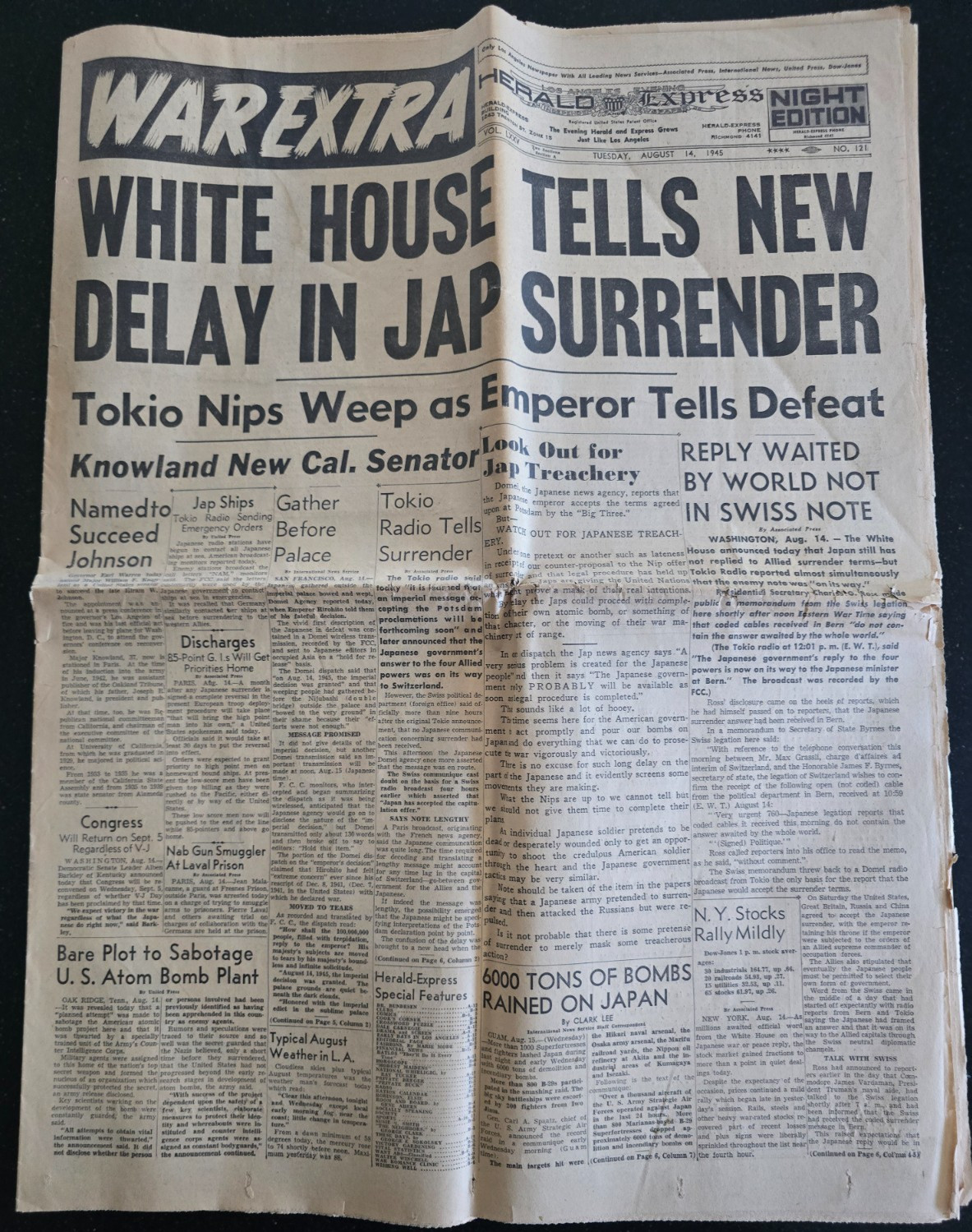 Aug. 14, 1945 Los Angeles Express “War Extra” Night Edition, Japanese Surrender
