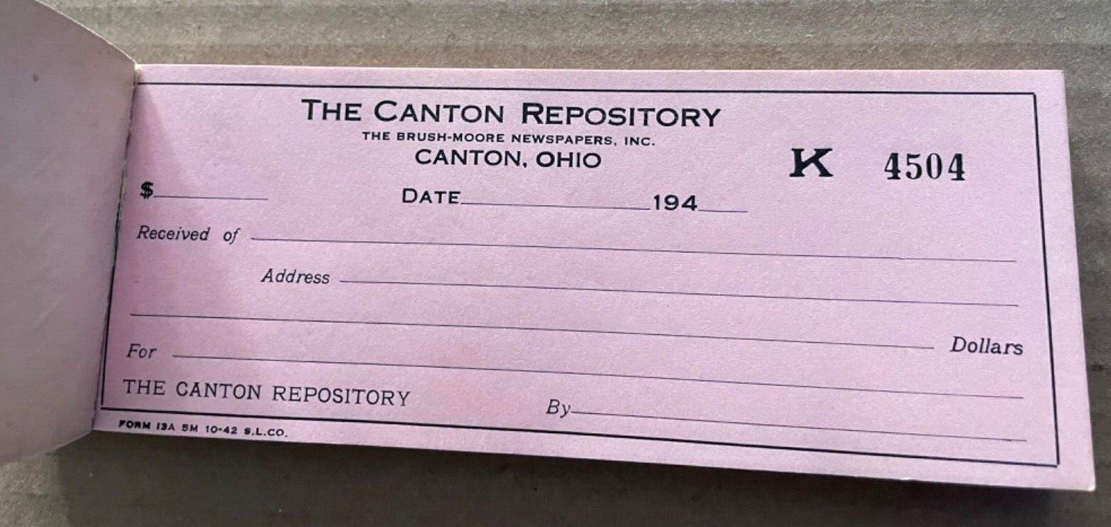 Vintage CANTON REPOSITORY Newspaper Receipt Book 1940’s 4504-4550