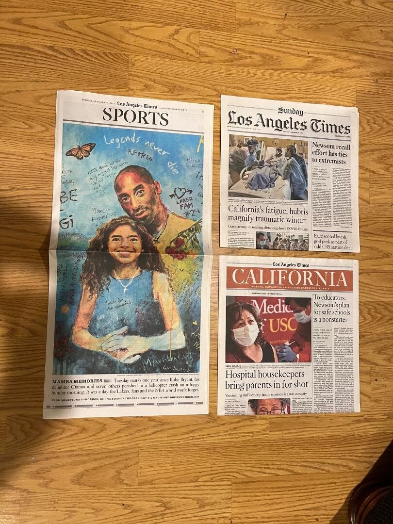 LOS ANGELES TIMES JAN 24 2021 KOBE BRYANT & GIANNA LEGENDS NEVER DIE L KING DIES