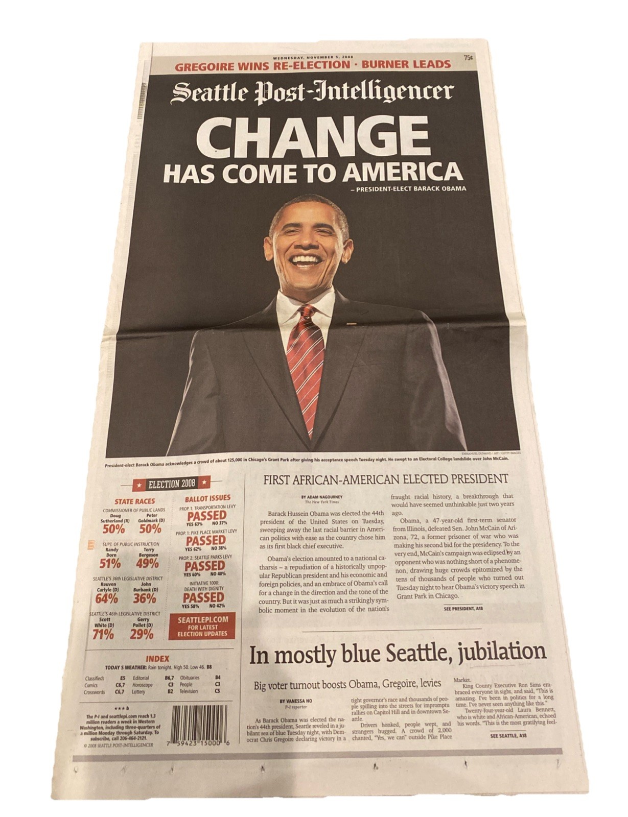 Seattle Post-Intelligencer November 5, 2008 Election Of President Barack Obama